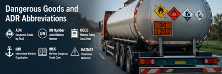 ADR truck carrying dangerous goods with hazard labels and UN numbers on European highway