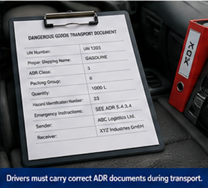 ADR transport documents and dangerous goods paperwork inside truck cabin