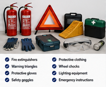ADR dangerous goods truck safety equipment including fire extinguishers and protective gear