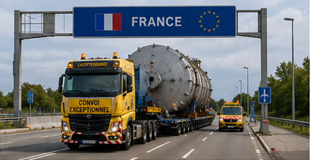 International oversized transport convoy crossing European borders