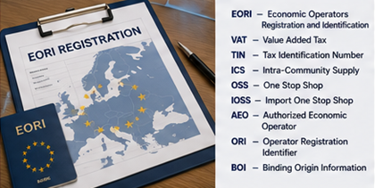 International customs abbreviations and EORI trade documentation for European import export operations
