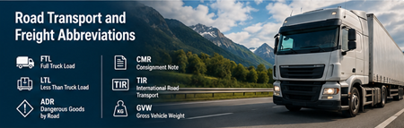 European freight truck transporting cargo across highways representing road transport abbreviations