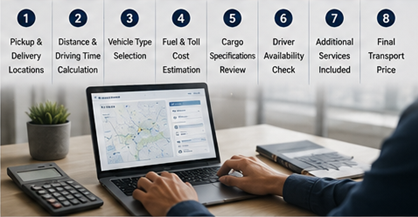 Logistics company calculating freight transport pricing and operational costs