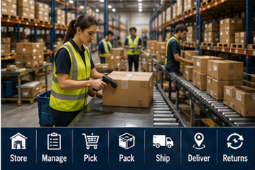 Warehouse workers processing fulfillment logistics operations and online orders