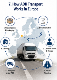 European ADR logistics process with hazardous goods transport route and compliance procedures