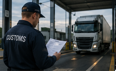 Logistics and customs officials checking insurance and transport documents during freight operation