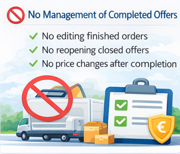 Illustration showing that drivers cannot edit or reopen completed transport offers on ExusTrans platform