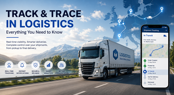 Modern logistics track and trace system showing trucks shipment visibility GPS tracking and real time delivery monitoring across Europe