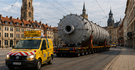 Oversized cargo transport moving through narrow European city streets