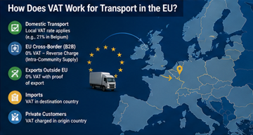 European VAT concept for transport services showing cross border logistics and tax rules