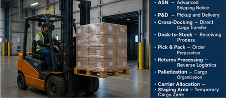 Forklift loading pallets and cargo handling operations inside modern logistics warehouse
