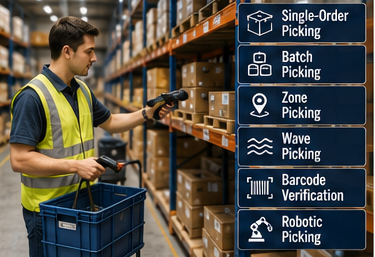Warehouse employee picking products from shelves for customer orders