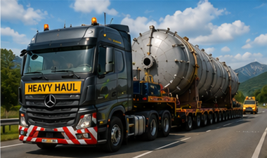 Heavy haul transport convoy carrying oversized industrial cargo on European highway